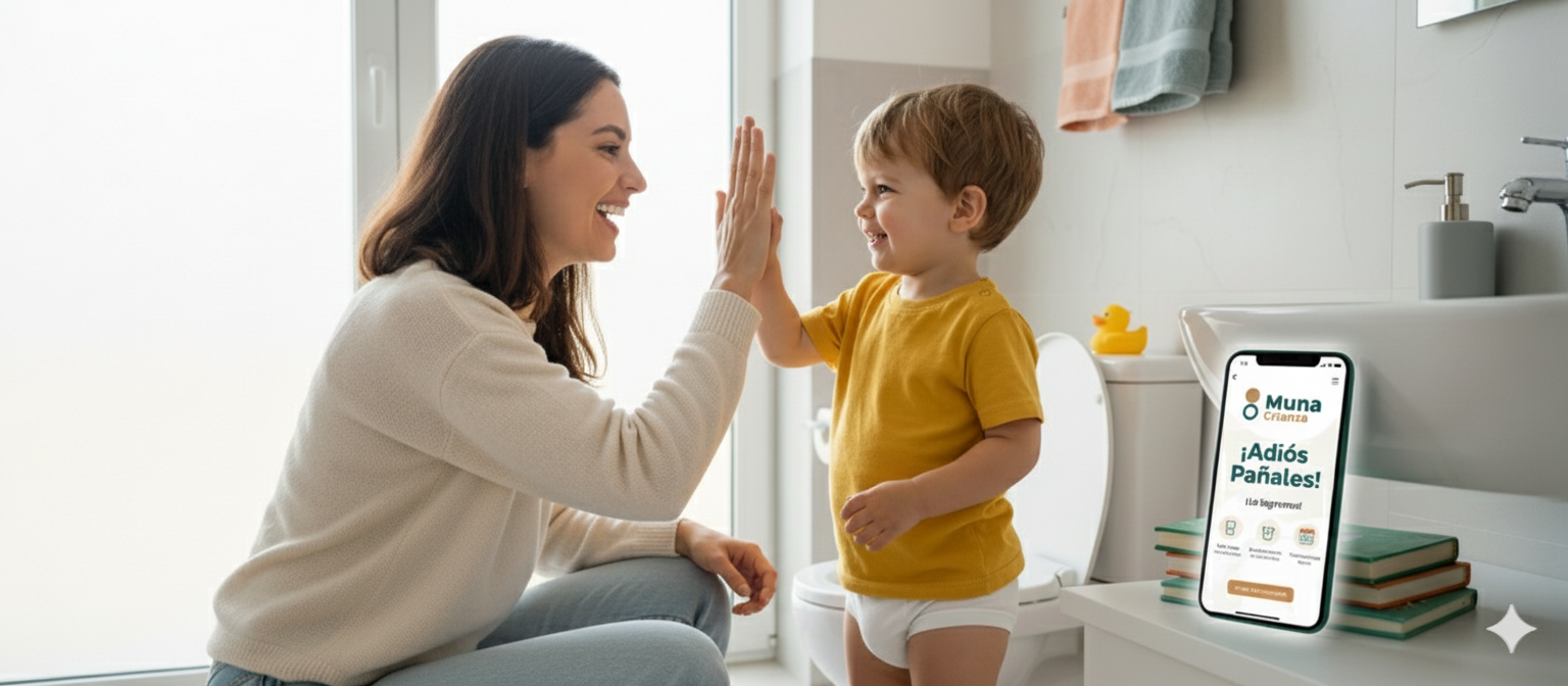 Madre e hijo celebrando el dejar los pañales con la app de Muna
